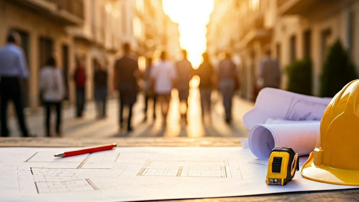 Imatge genèrica d'un plànol de construcció amb un casc de seguretat i una cinta mètrica, simbolitzant el desenvolupament d'habitatges.