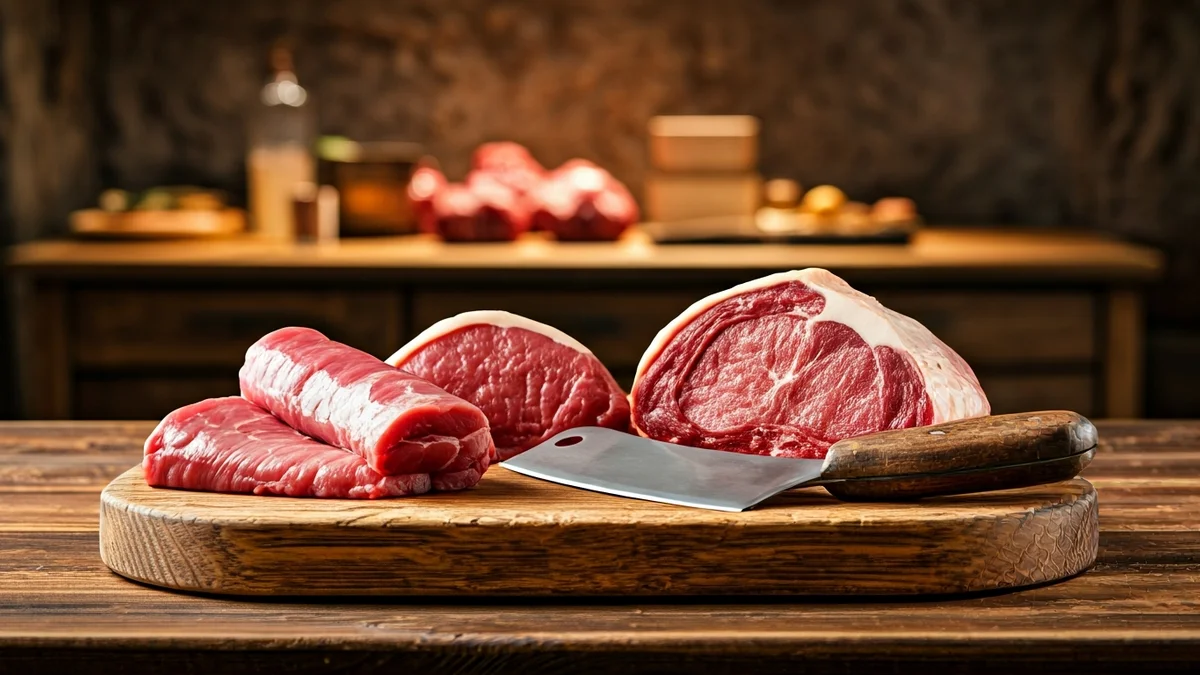 Imatge genèrica d'un taulell de carnisser amb talls de carn fresca i una destral.