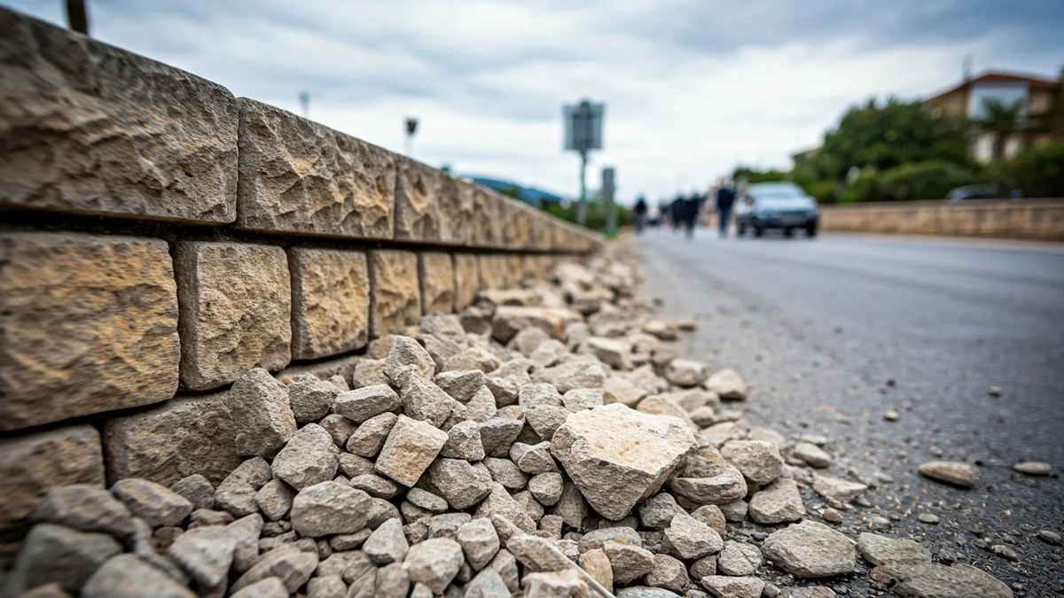 Imatge genèrica de roques despreses d'un mur de contenció en una avinguda.
