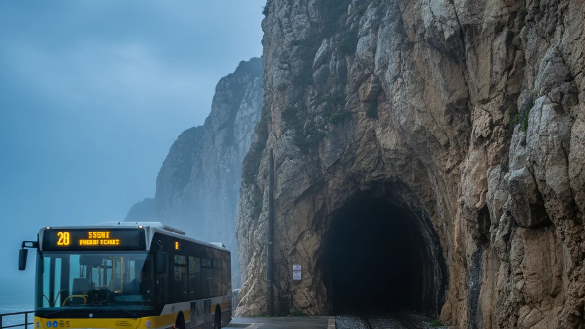 Imatge genèrica d'un túnel ferroviari a la costa i un autobús de transport alternatiu.