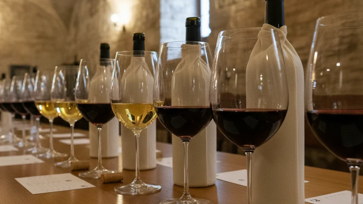 Imatge genèrica d'un tast de vins a cegues amb ampolles tapades i copes de vidre.