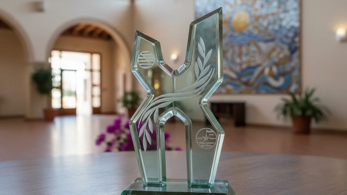 Generic image of a glass award on a wooden table.