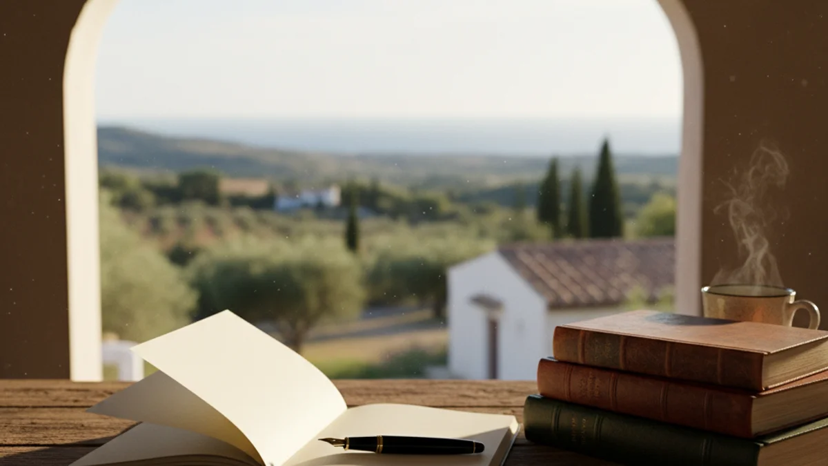 Generic image of a notebook and a pen on a wooden table, symbolizing literary creation.