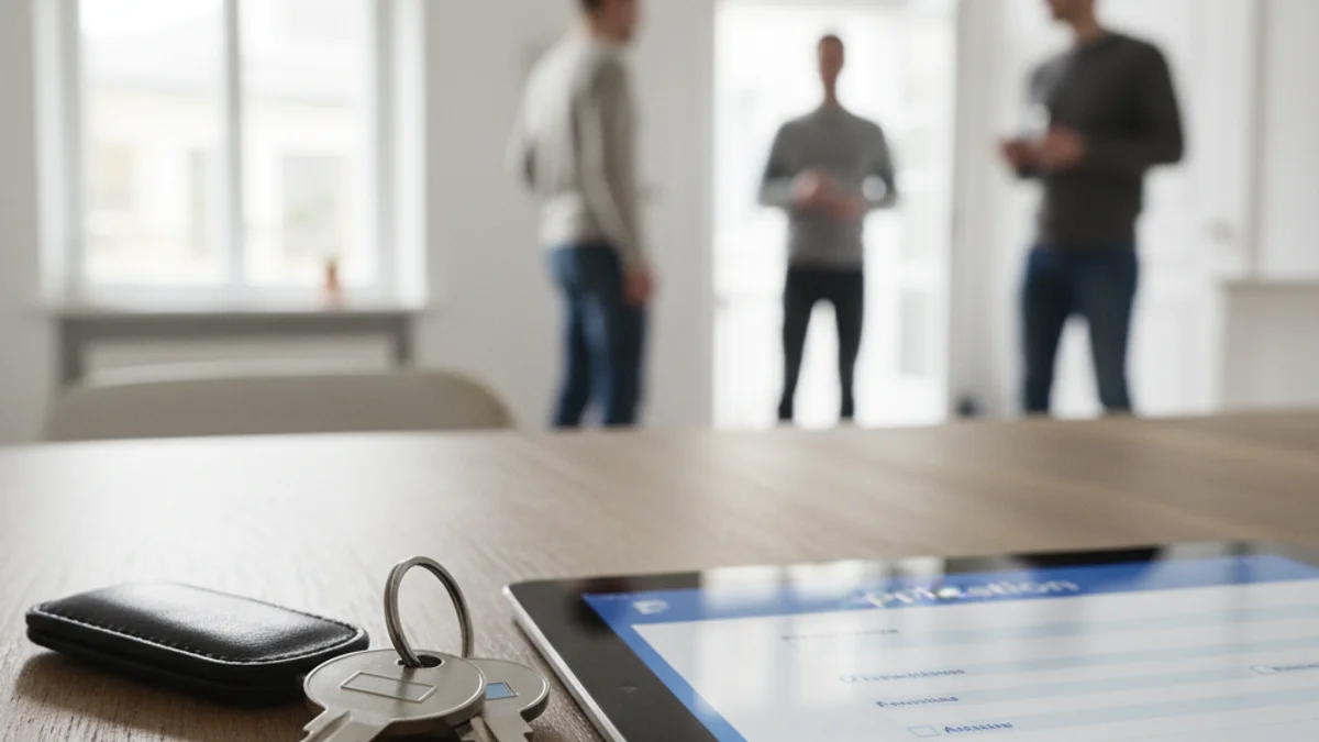 Imatge genèrica d'unes claus de casa sobre una taula amb un formulari digital de fons.