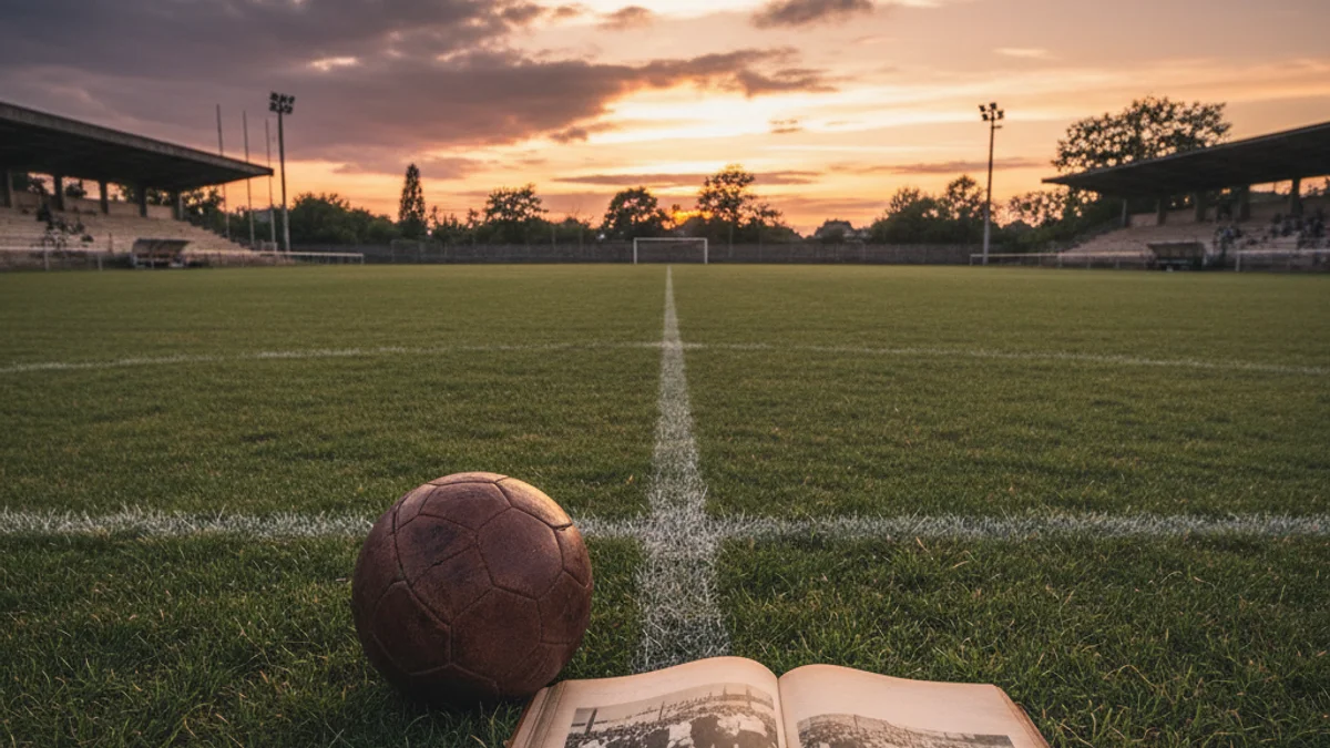 Imatge genèrica d'un llibre de fotografies antigues sobre la gespa d'un camp de futbol.