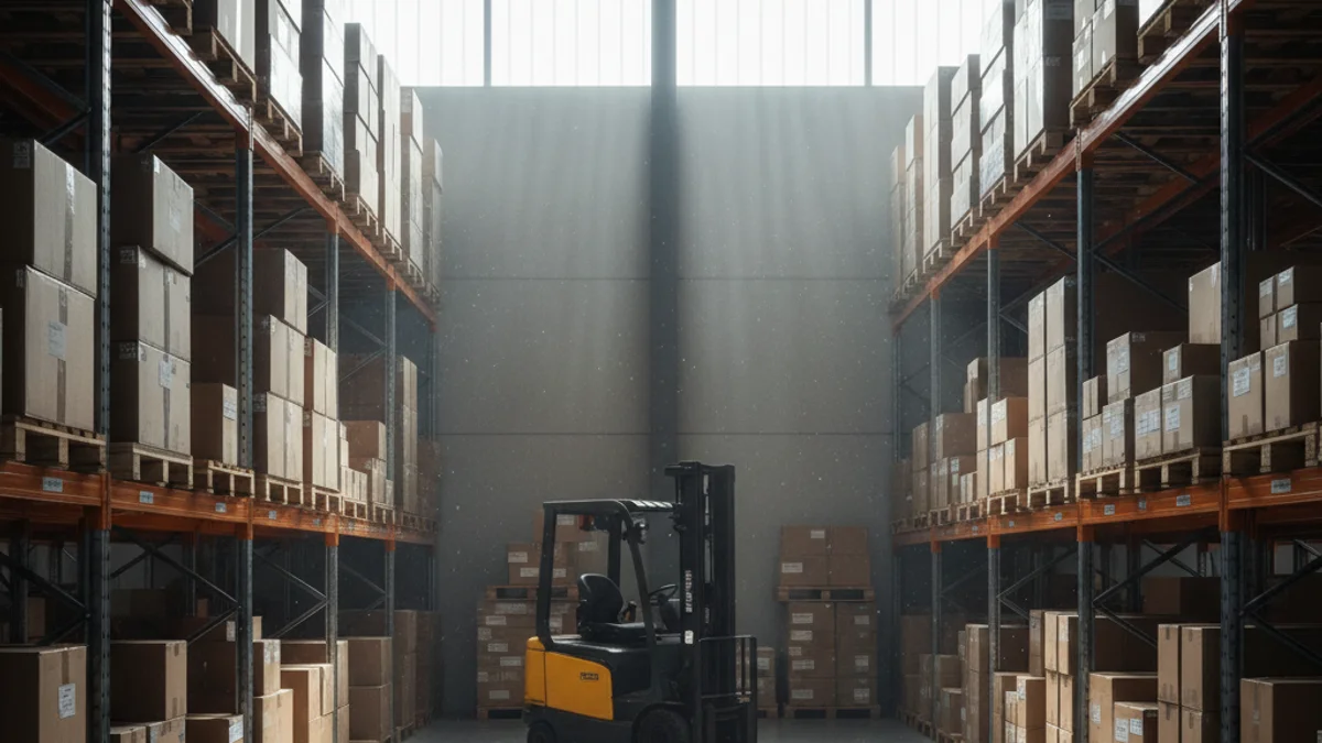 Generic image of a logistics warehouse with shelves and pallets ready for distribution.