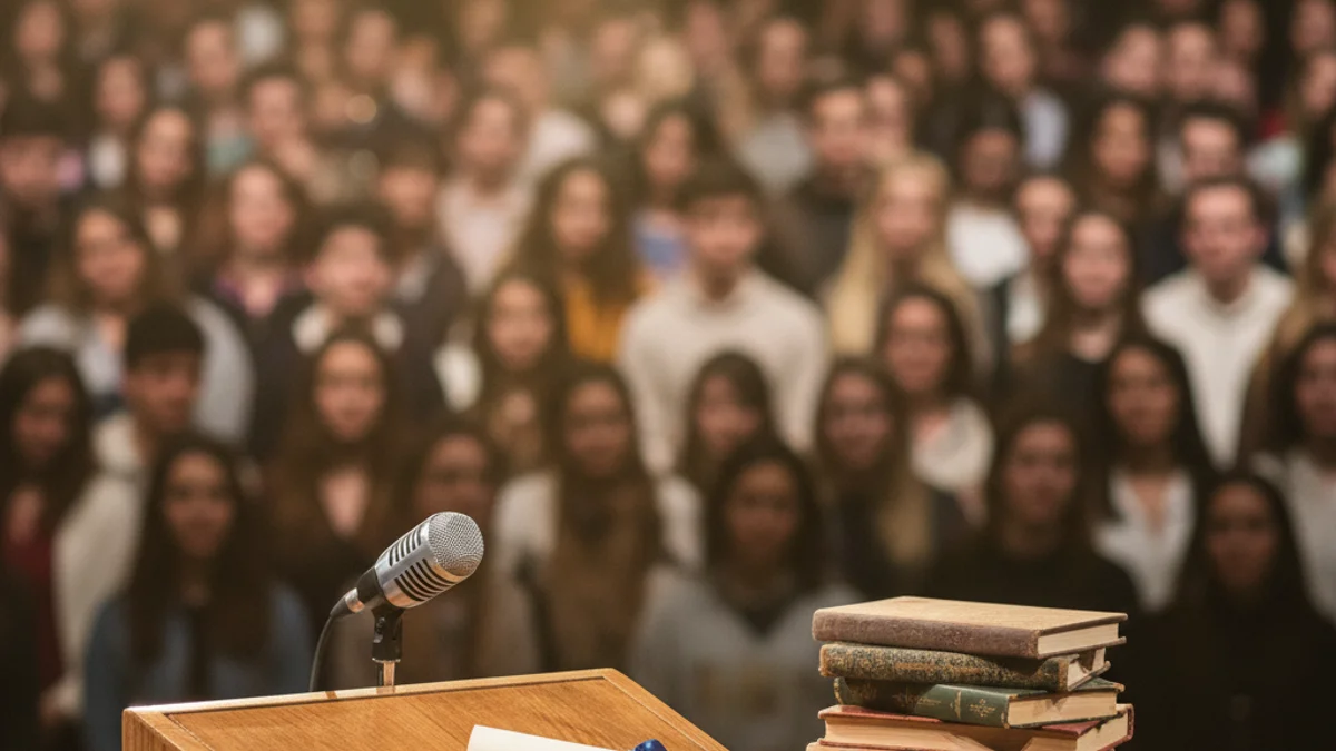 Generic image of a stage during a literary awards ceremony with books and a microphone.
