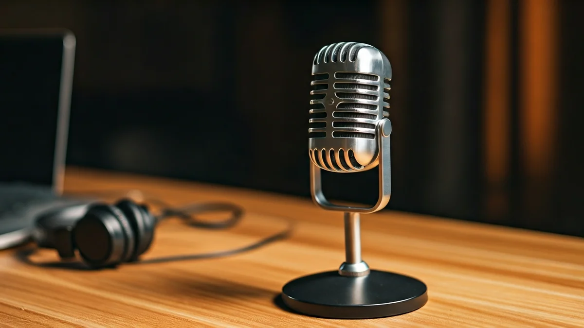 Imatge genèrica d'un micròfon de pòdcast sobre una taula de fusta.