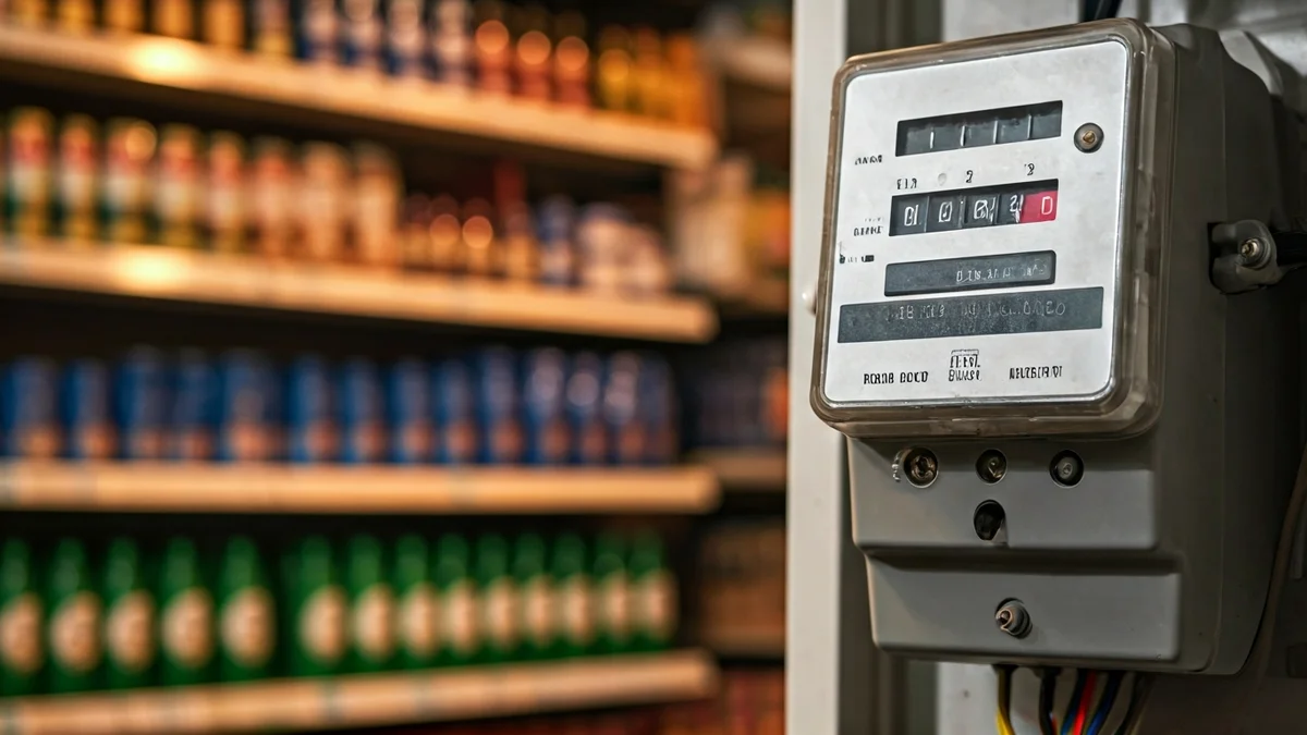 Imatge genèrica d'un comptador elèctric amb cables, en un entorn comercial amb prestatgeries borroses al fons.