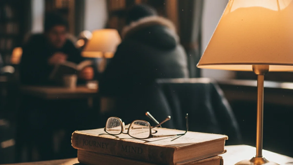 Generic image of a book and glasses on a table, symbolizing reflection on mental health.