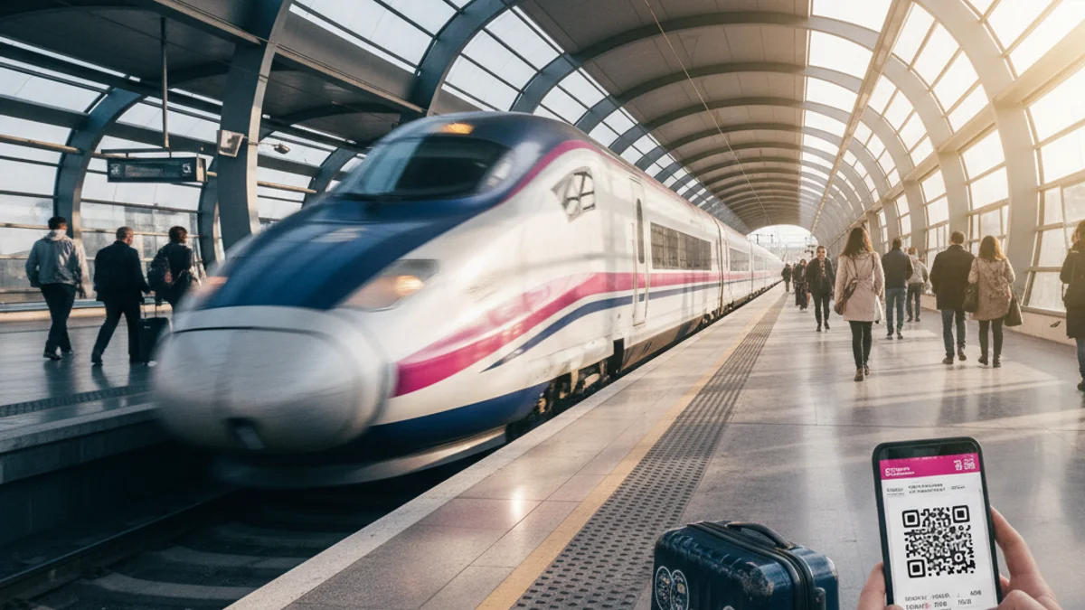 Imatge genèrica d'una maleta a l'andana d'una estació de tren d'alta velocitat.