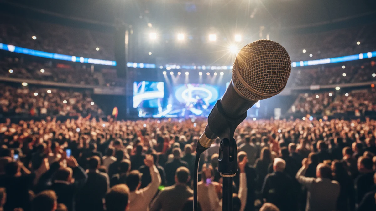 Imagen genérica del escenario de un concierto con iluminación cálida en un gran pabellón.