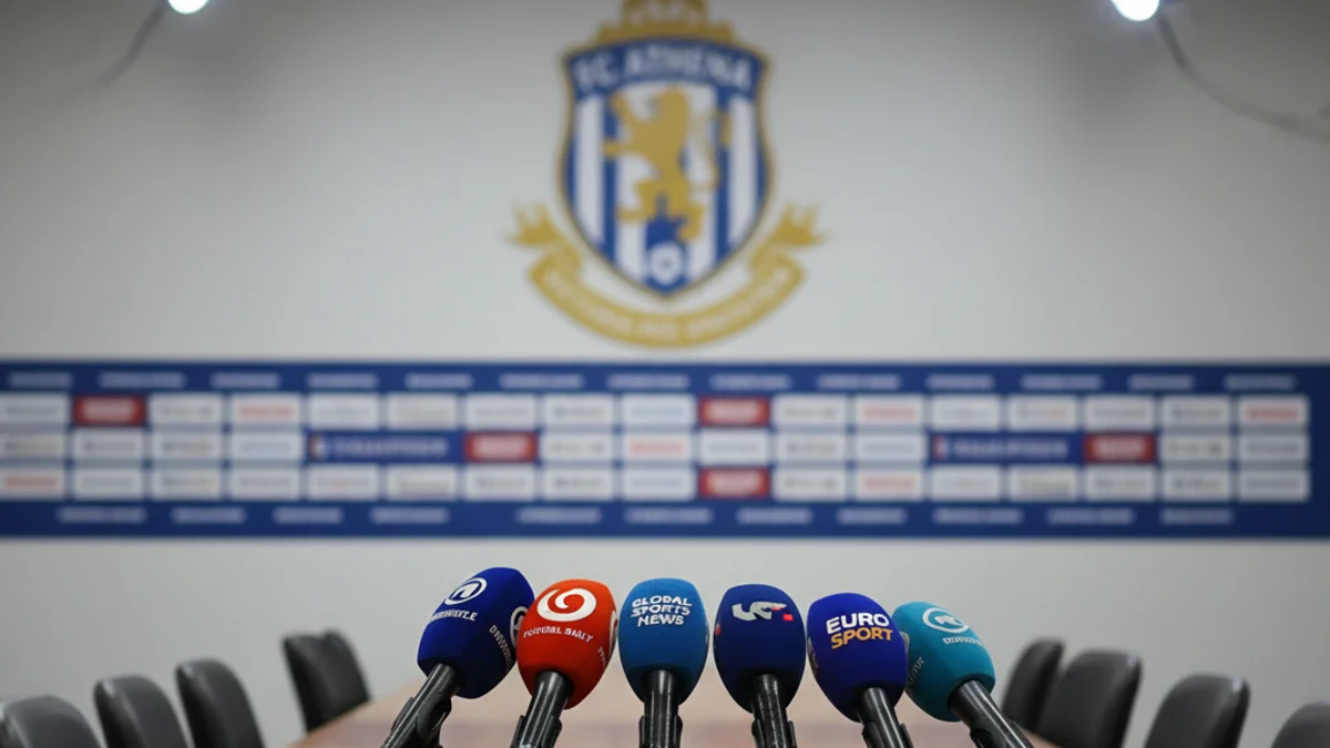 Imagen genérica de una sala de prensa de un estadio de fútbol preparada para una presentación oficial.