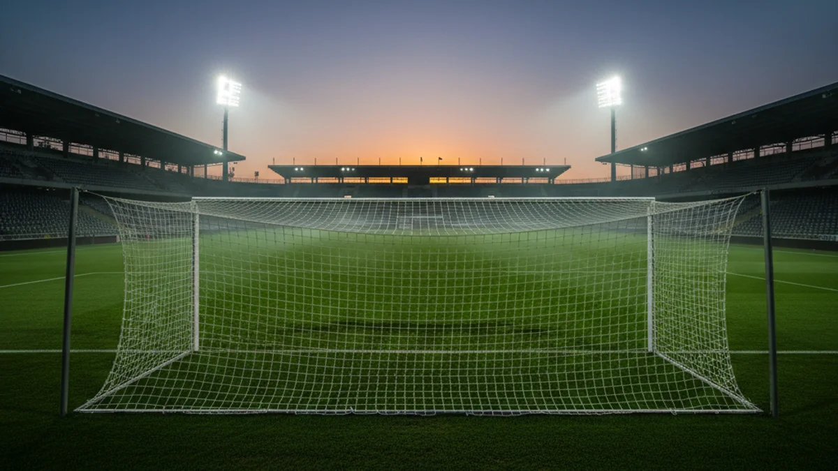 Imatge genèrica d'un camp de futbol buit sota els focus de l'estadi.