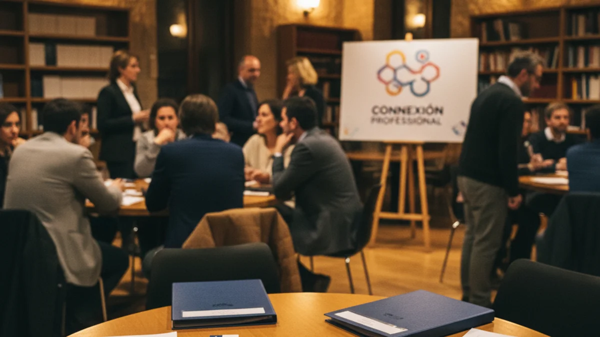 Imagen genérica de una feria de empleo con personas intercambiando currículums en un espacio diáfano.