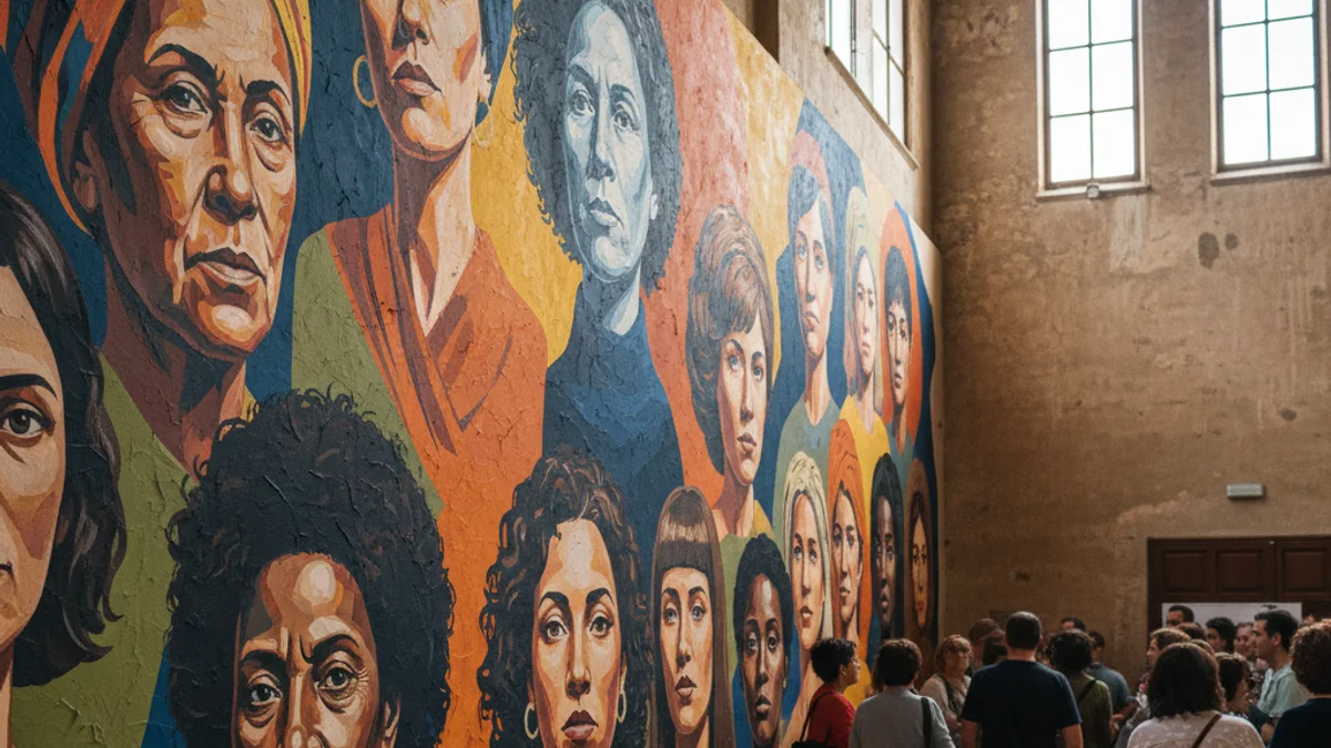 Imagen genérica de un mural artístico que representa la diversidad de las mujeres en un espacio comunitario.