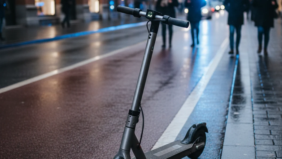 Imatge genèrica d'un patinet elèctric estacionat en un carril bici amb llums policials desenfocades al fons.