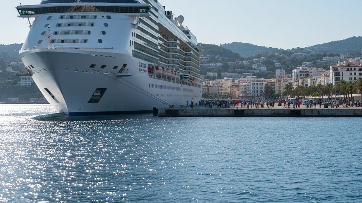 Generic image of a large luxury cruise ship docked at a port on the Catalan coast.
