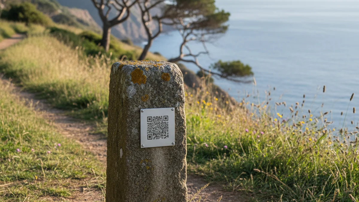 Imatge genèrica d'una fita de pedra antiga amb un codi QR en un camí natural.