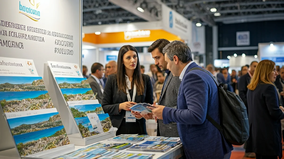 Imatge genèrica d'un estand de promoció turística en una fira, amb fullets i imatges de la Costa Brava.