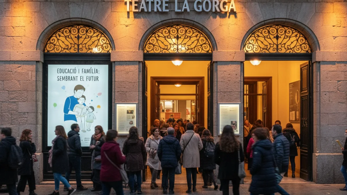 Imatge genèrica de l'exterior d'un teatre il·luminat durant la nit amb gent entrant-hi.