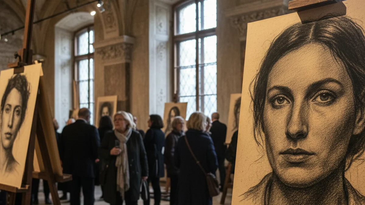 Imagen genérica de una exposición de retratos realizados con carbón en un museo.