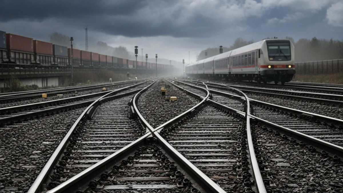 Generic image of a railway junction with a freight train in the background.