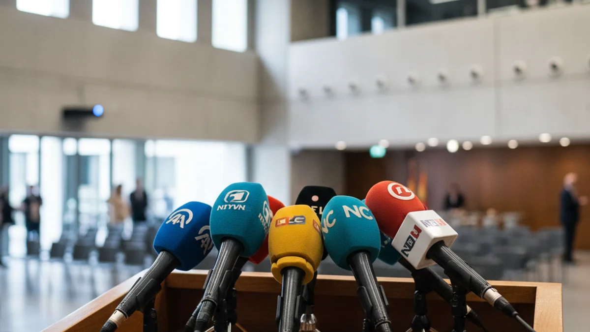 Generic image of microphones at a political press conference.