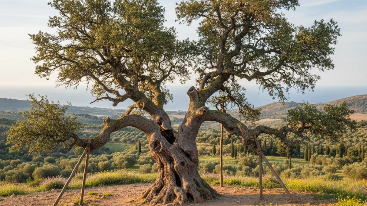 Imagen genérica de un roble monumental con soportes en las ramas para su conservación.