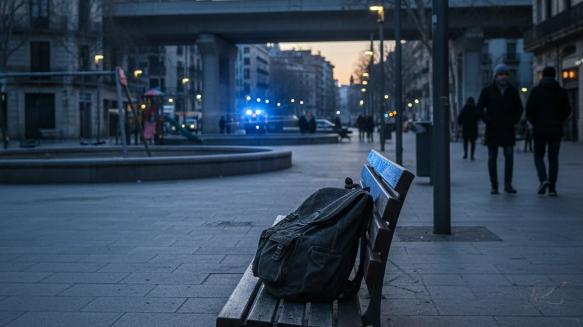 Generic image of a bench in a public square under the twilight light.