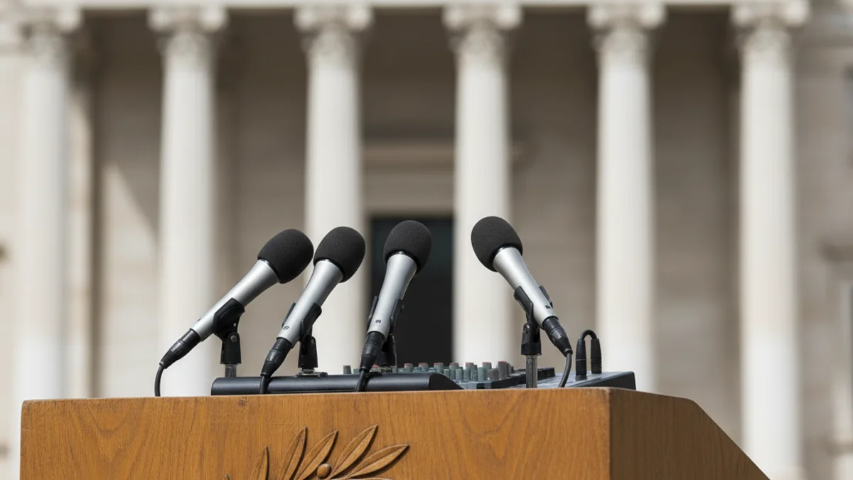 Imatge genèrica d'uns micròfons en un podi institucional.