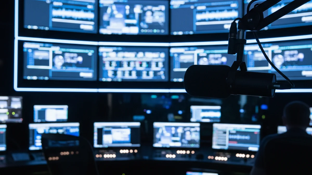 Imatge genèrica d'un estudi de televisió amb monitors i micròfons professionals.