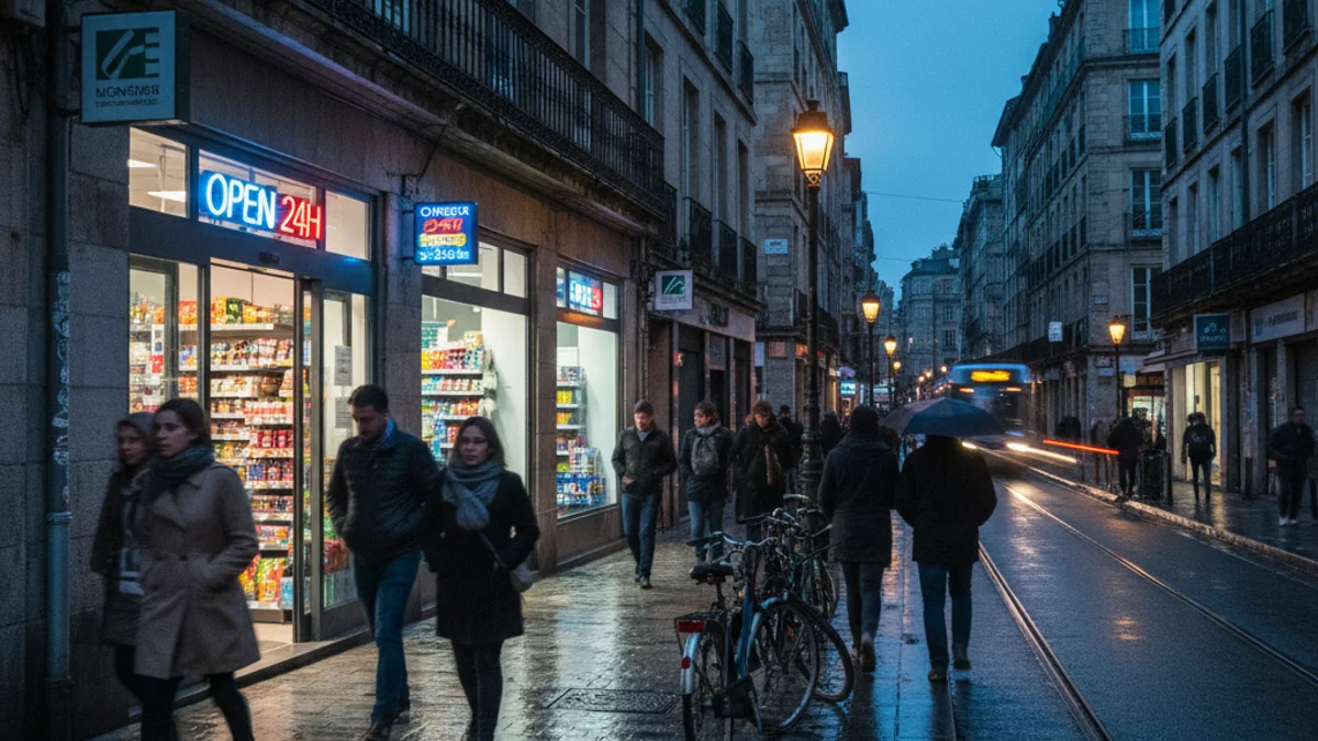 Imagen genérica de un supermercado abierto las 24 horas en una calle de Barcelona al anochecer.