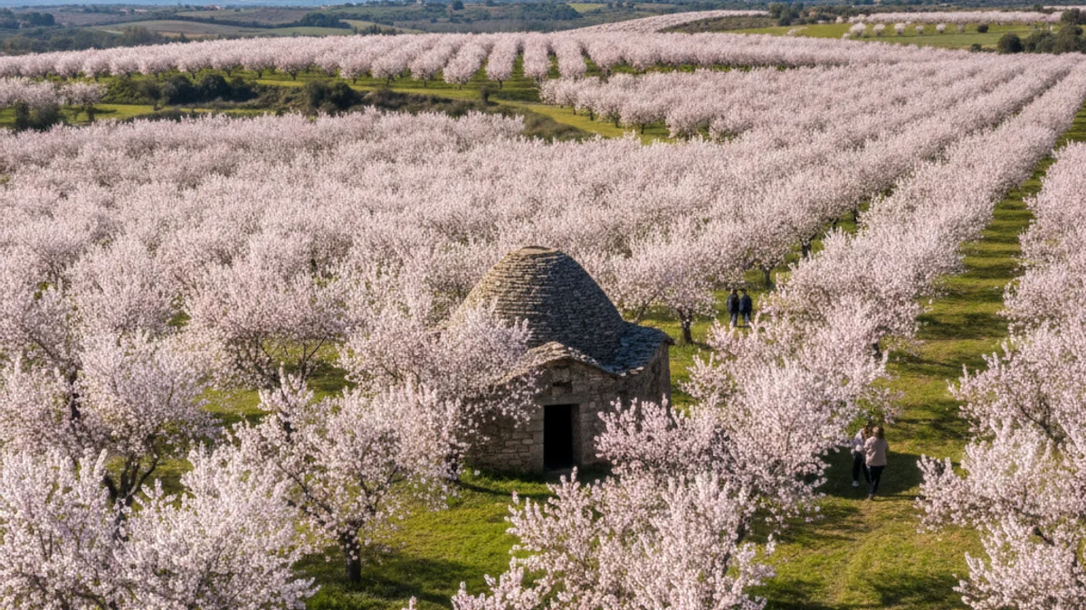 Generic image of almond trees in bloom next to a traditional stone hut in the Urgell region.