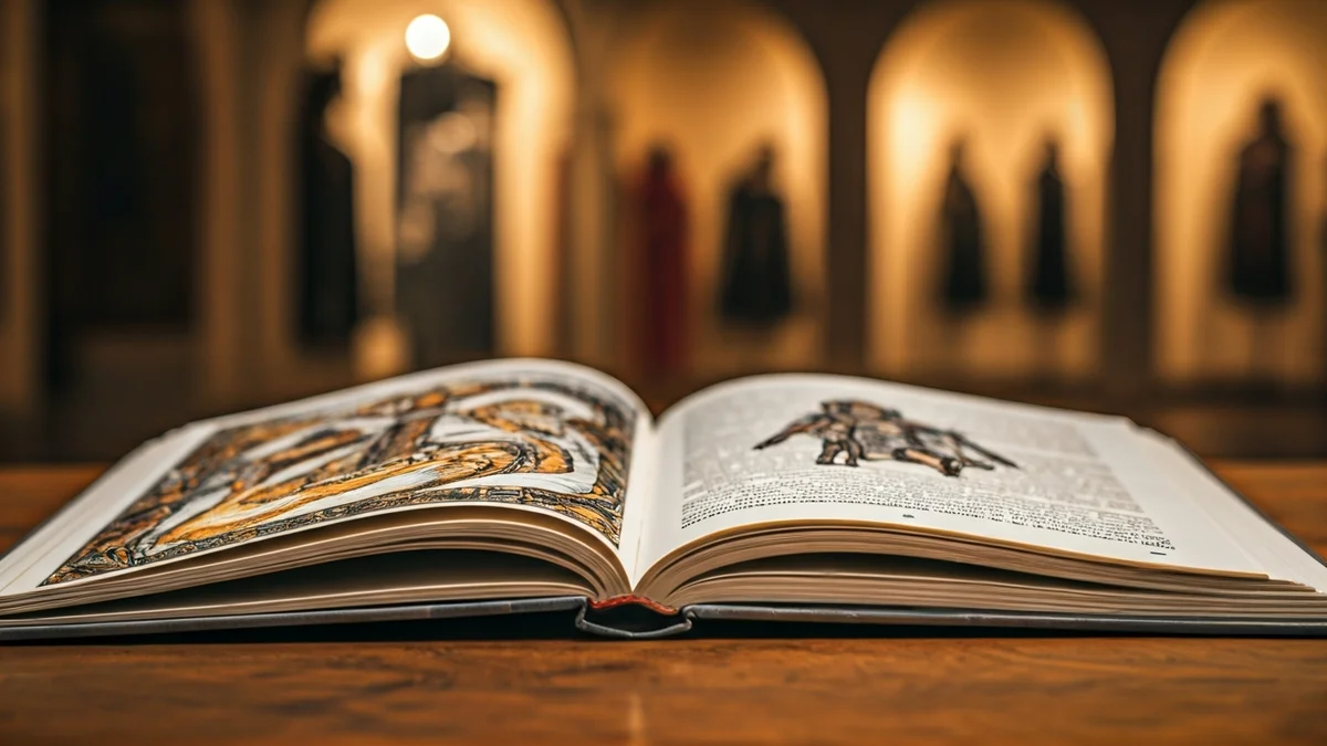 Imatge genèrica d'un llibre obert amb una il·lustració de Sant Jordi i el drac, en un ambient medieval.