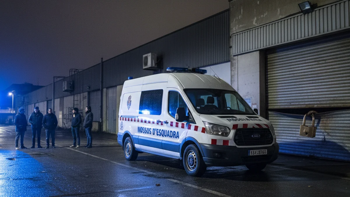 Imagen genérica de un vehículo de los Mossos d'Esquadra en una zona industrial durante una investigación nocturna.