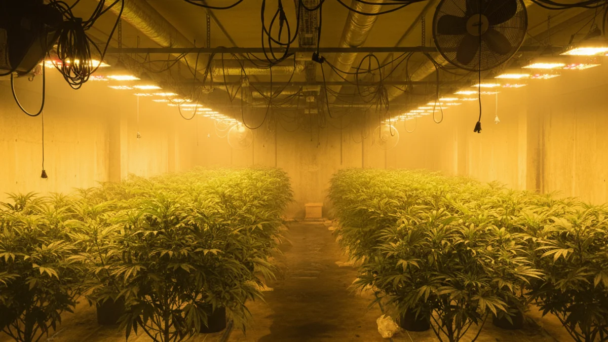 Imagen genérica de una plantación interior de marihuana con sistemas de iluminación y ventilación.