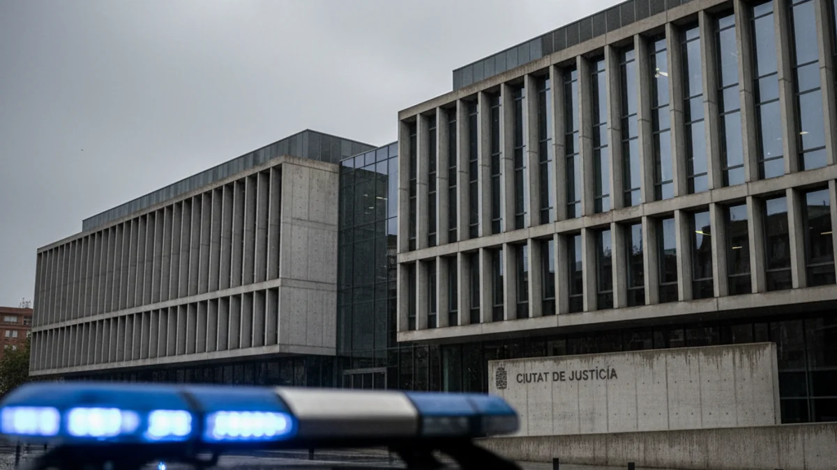 Imagen genérica de la fachada de un palacio de justicia con luces de emergencia difuminadas en primer plano.