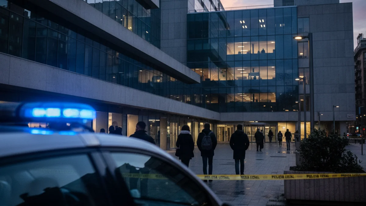 Imatge genèrica d'un centre hospitalari amb llums d'emergència policials en primer pla.