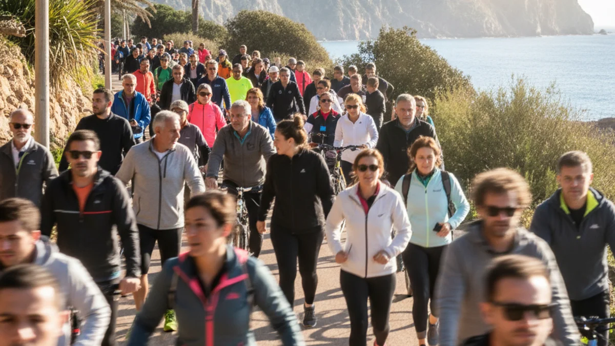 Imatge genèrica d'un grup de persones participant en una caminada popular per un carril bici en un dia assolellat.