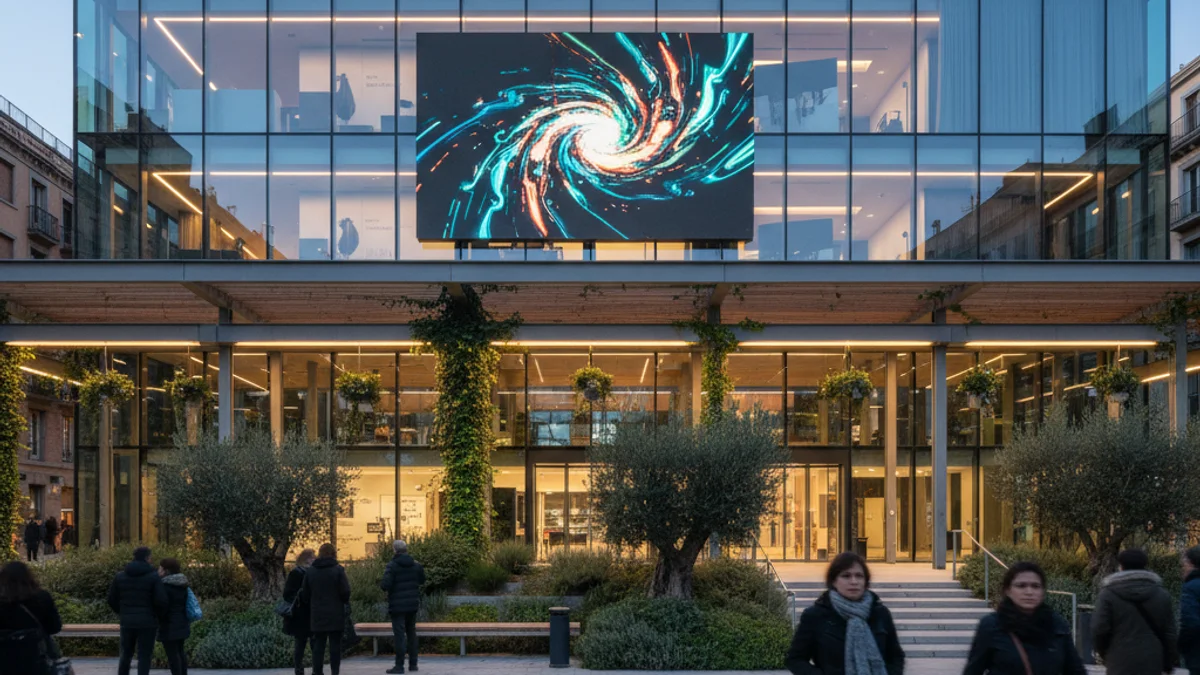 Generic image of an architectural project for a new modern cultural center with green spaces.