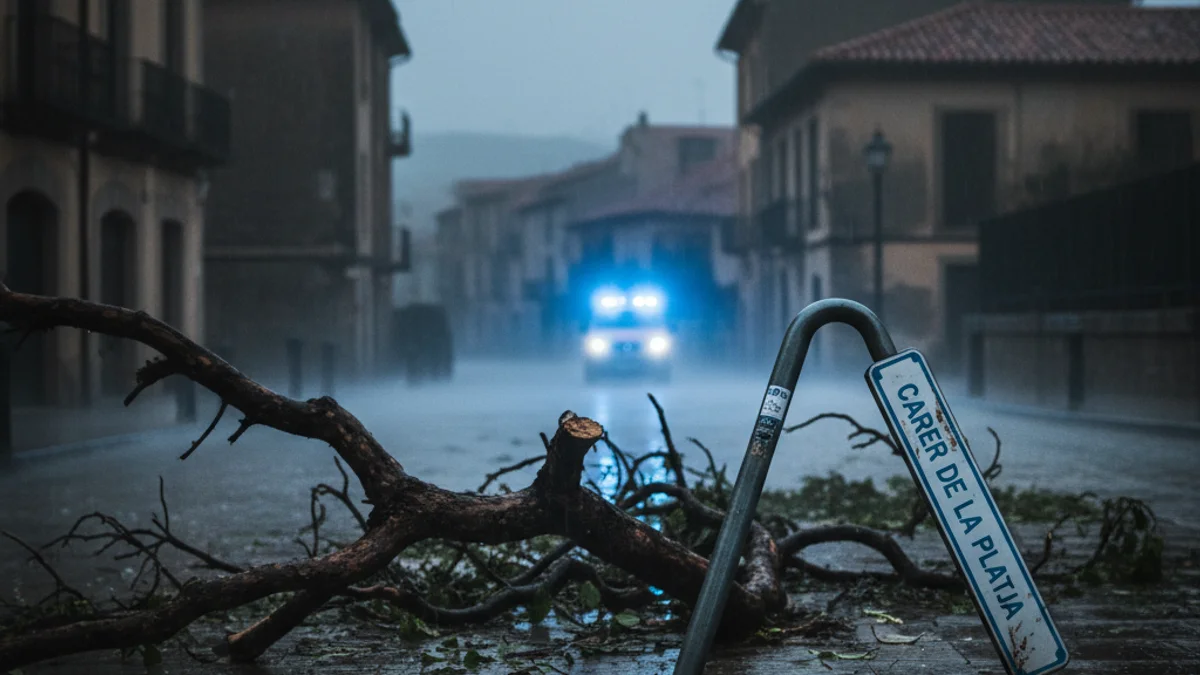 Generic image of a street with fallen branches and emergency lights after a windstorm.