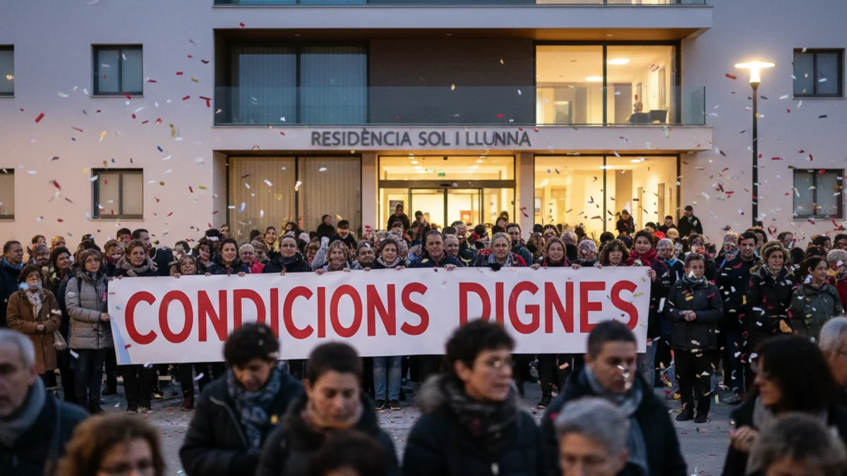 Imatge genèrica d'una concentració de treballadores davant d'un centre sanitari amb una pancarta reivindicativa.