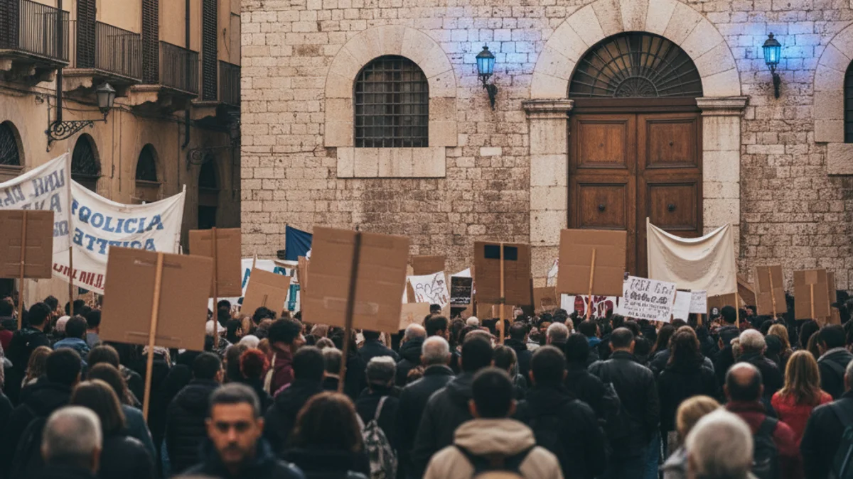 Imagen genérica de una concentración de protesta frente a un edificio oficial con presencia policial.