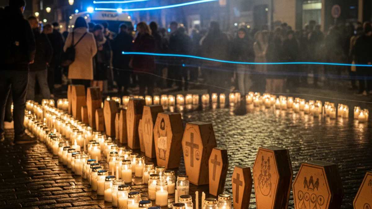 Imatge genèrica d'una protesta nocturna amb espelmes i taüts simbòlics al carrer.