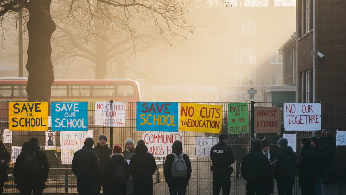Imatge genèrica de la façana d'una escola amb cartells de protesta penjats a la tanca exterior.