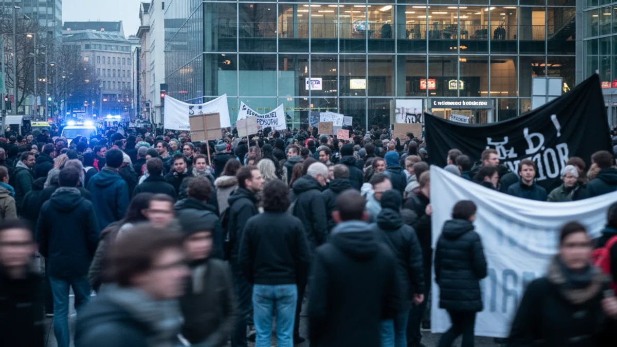 Imatge genèrica d'una concentració de protesta davant d'un gran recinte firal modern.