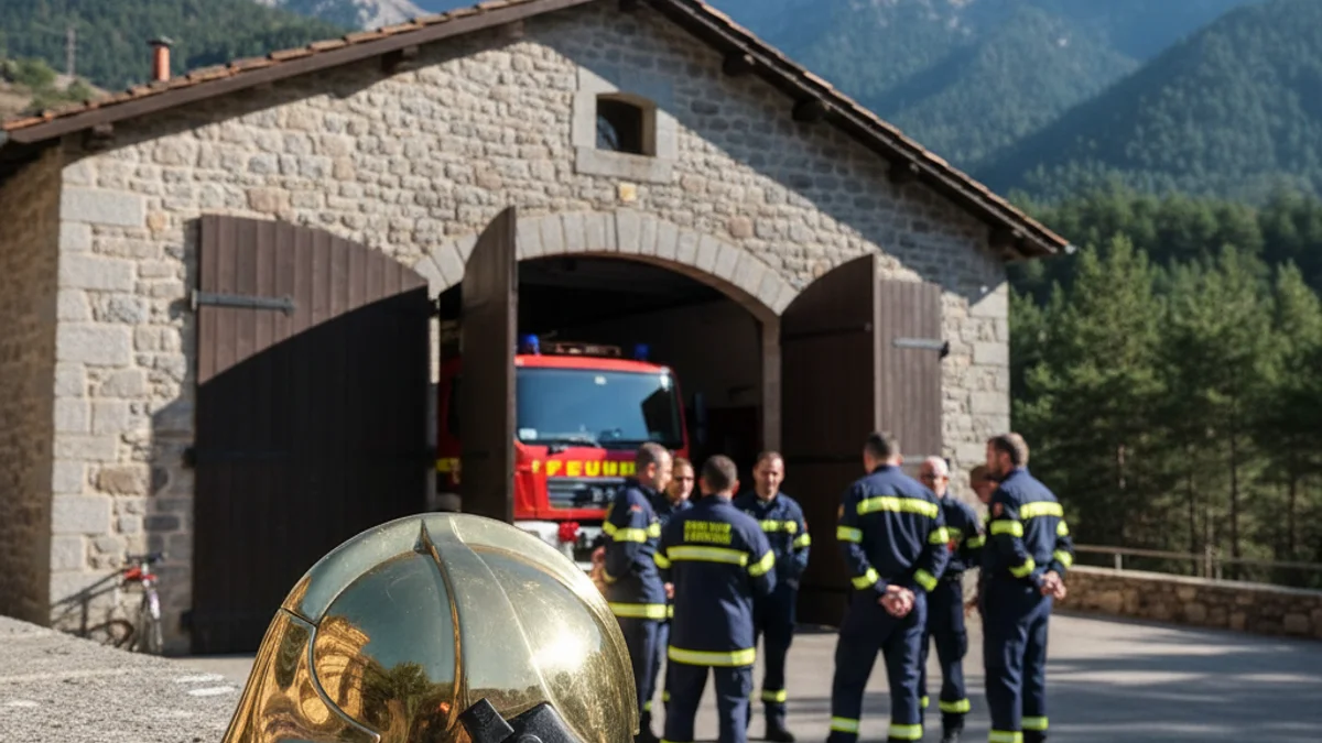Imagen genérica de un casco de bombero sobre un muro de piedra con un parque de bomberos de montaña al fondo.