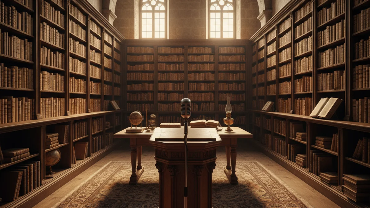 Imagen genérica de una sala de actos académica con un podio y estanterías de fondo.