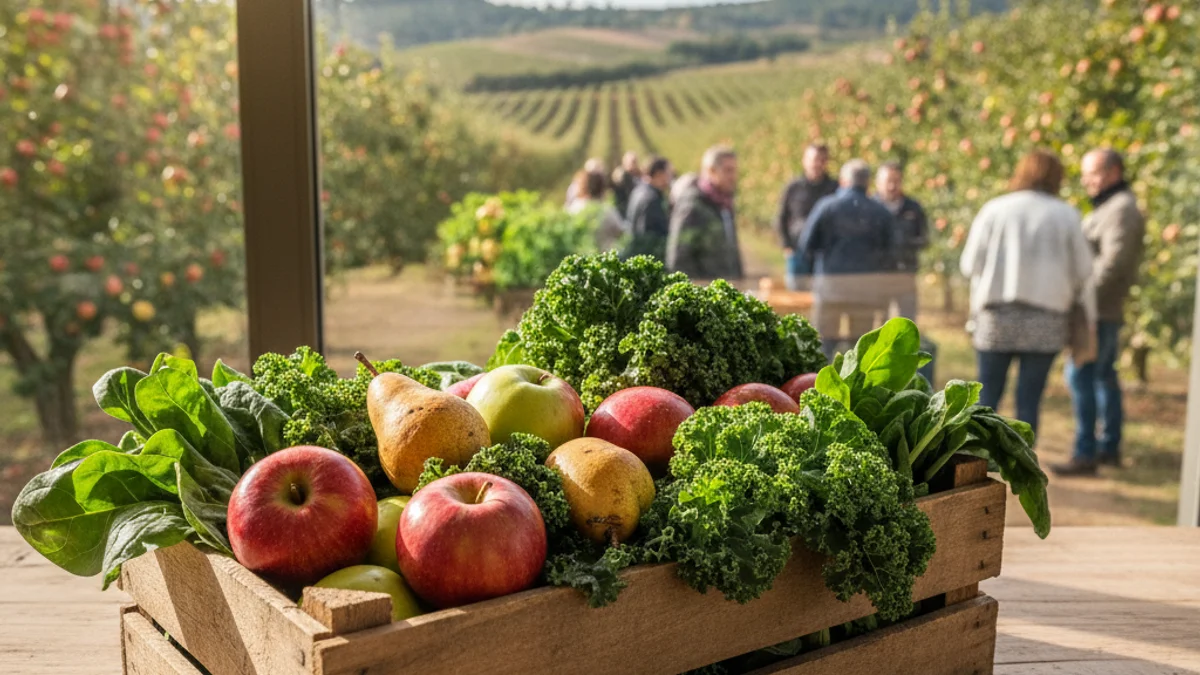 Generic image of a wooden crate with fresh seasonal fruits and vegetables.